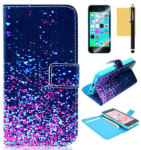 GoodPro Leather Wallet Case Flip Cover with Card Holder Bundle with Screen Protector, Stylus and Cleaning Cloth for Apple iPhone 5C