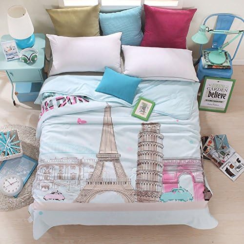 Summer Air Conditioning Quilt Cool Thin Quilts Sofa Blanket Bedding Set 1-Piece, Size 79" * 90" (Blue Eiffel Tower)