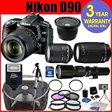 Nikon D90 12.3 MP Digital SLR Camera with 18-55mm f/3.5-5.6G AF-S DX VR Nikkor Zoom Lens + Nikon 70-300mm F/4-5.6 Telephoto Zoom Lens + Rokinon 500mm HD Telephoto Zoom Lens with 2x Converter (=1000mm) + .42x Wide Angle Lens with Macro + +1, +2, +4, +10 4 Piece Macro Close Up Kit + 16 GB Memory Card + Multi-Coated UV Filter (2) + Multi-Coated Polarizer Filter + Digital Slave Flash + 50 Titanium Anodized Tripod + Deluxe Camera Bag + 6 Piece Accessory Kit + 3 Year CELLTIME Warranty Repair Contract
