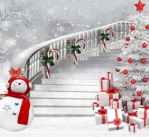 Johnson Winter Photography Background Snowman Backdrops Long Stair Christmas Tree Photo Backdrop for Kids Photos