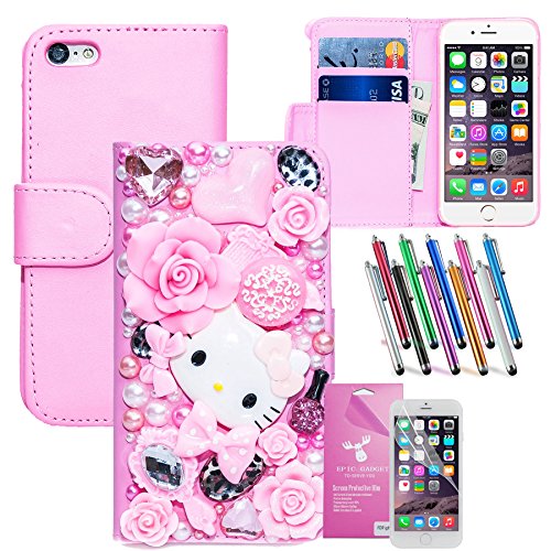 EpicGadget 3D Bling Pearl Pink Rose Fairy Tale Miss Kitty Leather Wallet Case Cover For Apple iPhone 6 Plus Bundle with Stylus