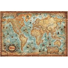 Modern World Antique Map 136x92 papier Wandkarte / Planokarte - Vintage-Karten mit Bildern von Schiffen, Knoten usw.