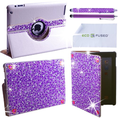 Eco-Fused 360 Rotating Faux Leather Bling Case for Apple iPad 4, 3, 2 / Bling Stylus Pen / Long Stylus Pen / Microfiber Cleaning Cloth / Cute Rhinestone Cover Perfect for Girls (Purple)