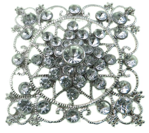 Diamond Shaped Brooch with Silver Nickel Finish and Clear Stones (2.25" Diameter)