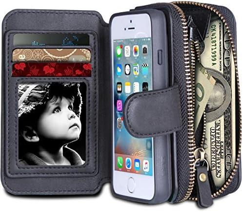 iPhone 6S Plus Case, WINNETEK PVC Material Waterproof iPhone 6S Plus Wallet Case with Hidden Mirror, Zipper Purse Wrist Card Slots Detachable Soft Rubber Bumper Case for iPhone 6/6S Plus - Black