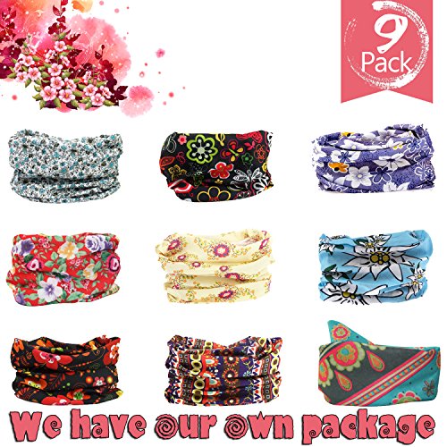 Pack of 9pcs, Outdoor Multifunctional Sports Magic Scarf, Magic Bandanas Tube, Seamless Scarf, Collars Muffler Scarf Face Mask, High Elastic Magic Headband with Uv Resistance, Headscarves(flower)