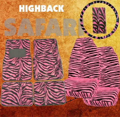 9pc Safari Pink Zebra Print Car Floor Mats, High Back Seat Covers, Steering Wheel Cover & Shoulder Pad Set