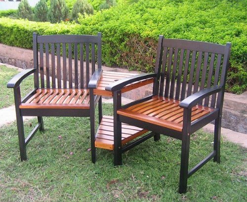 Acacia Wood Outdoor Corner Double Chair in Black/Oak (Black/Oak) (35H x 62.25W x 23.5D)