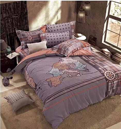 Andreannie ®King Size Bedding Sets Nautical Maps Pattern Rudder Soft Sanding Brushed for Family Suitable for Autumn and Winter 100% Cotton Material 4pcs Duvet Cover Bed Sheet Pillowcase Without Comforter