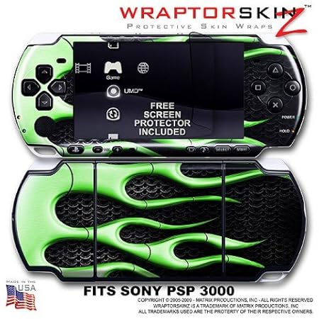 Metal Flames Green WraptorSkinz Skin and Screen Protector Kit fits Sony PSP 3000