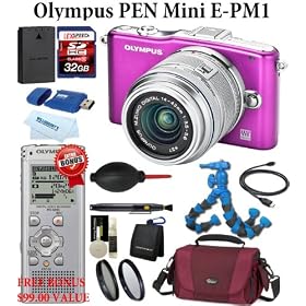Olympus PEN Mini E-PM1 12.3 MP Digital Camera kit with 14-42mm II Lens (Purple) + BONUS Olympus Voice Recorder WS-600S + LEXSpeed 32GB SDHC Memory Card + Extra PS-BLS1 Battery + Lowepro Deluxe Camera Bag + 3pc 37mm Multi-Coated Essential Filter Kit + Flexpod