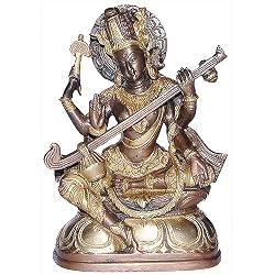 Hindu Goddess Saraswati Religious Brass Statue