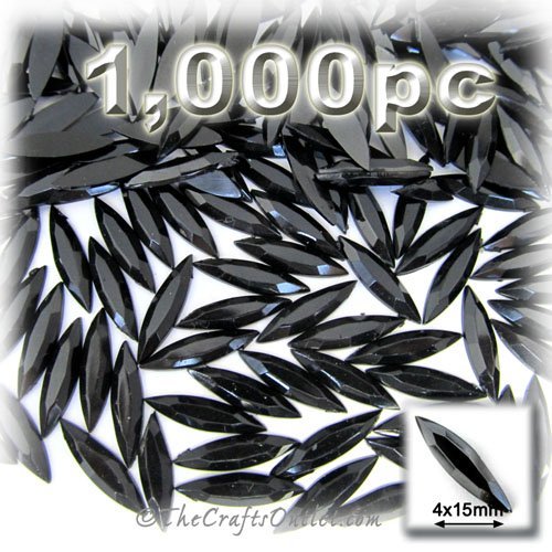 1,000pc flatback Rhinestones Eye Shaped (Navette) 4x15mm Jet Black