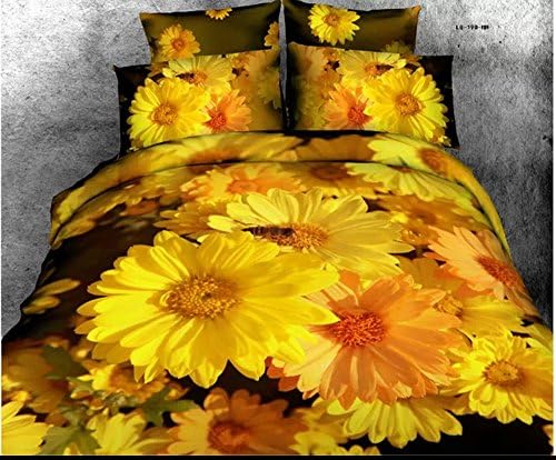 Andreannie ®3d Bedding Sets Home Textile Beautiful Blooming Yellow Sunflowers Cotton Material 4pcs Full Size Duvet Cover Sets for Family Without Comforter