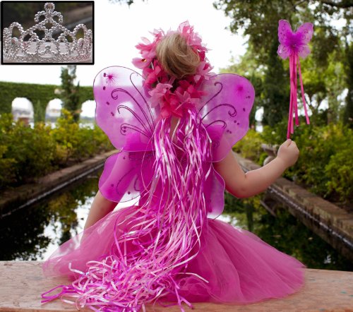 Pink  Hot Pink 5 Piece Fairy Princess Costume Set - Includes Tutu Wings Wand and Flower Halo and Silver Tiara