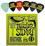 Ernie Ball 2221 Regular Slinky Electric Guitar Strings w/ Bonus 6 Pack of LIVE FOR MUSIC Celluloid Picks - Medium