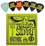 Ernie Ball 2221 Regular Slinky Electric Guitar Strings w/ Bonus 6 Pack of LIVE FOR MUSIC Celluloid Picks - Thin