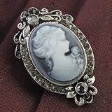 Oval Gray Hematite Rhinestones Vintage Antique Victorian Style Cameo Brooch Pin