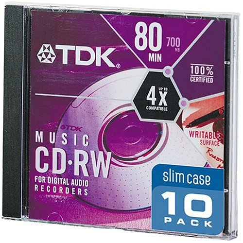 TDK CDRW80TWN10 10 Pack of 700MB 4x CD-RW Discs in Slim Jewel Cases