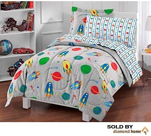 5 Piece Kids Twin Size Sun Moon Stars Comforter Set, Outer Space Galaxy Invaders Space-themed Design with Stars, Detailed Planet and Rocket Design Print, Gray Grey