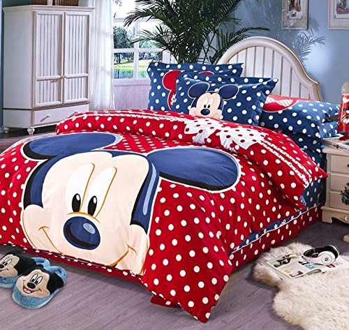 4 Piece Modern Minnie Mouse Bedding Sets, Red Bedding Ensembles, Quality Pure Cotton Bed Sets, Full/Queen Size, Quilt Cover 80x91 inches (200x230cm)