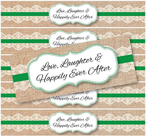 48 Burlap and Lace WATERPROOF Water Bottle Stickers for Favor Bags | Love, Laughter & Happily Ever After | (Kelly Green) 48 Burlap and Lace WATERPROOF Water Bottle Stickers for Favor Bags | Love, Laughter & Happily Ever After | (Kelly Green)