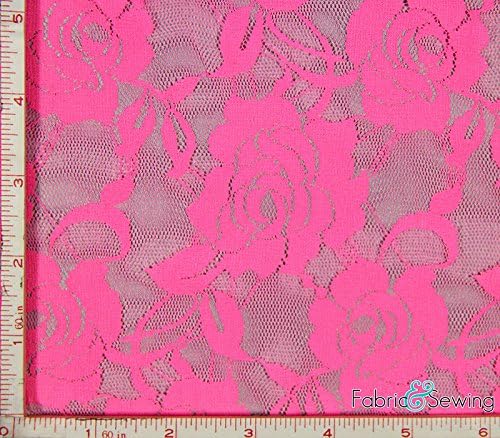 Neon Pink Big Flower Stretch Lace Fabric 4 Way Stretch Nylon Spandex 4 Oz 56-58"