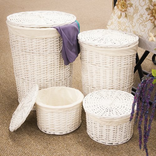 Set of 4 White Round Wicker Laundry Storage Basket with Lids and Cotton