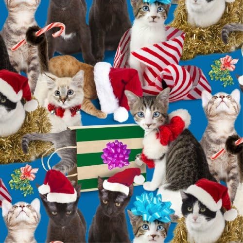 Elizabeth Studios HOLIDAY FRIENDS Blue 4203 Kitty Cat Quilting Cotton Sewing Fabric By the Yard