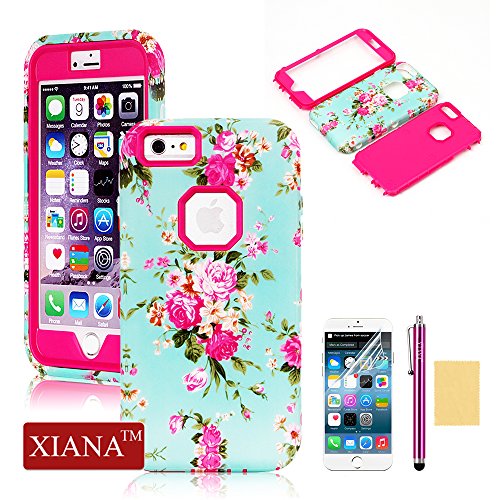iPhone 6 Plus Case, XIANA Newly Cool Durable PC+TPU Hybrid Slim Back Protective Case Cover Suitable For Apple iPhone 6 Plus(5.5)(Orchid Flowers Pattern) with Stylus, Screen Protector and Cleaning Cloth-(Rose Red)