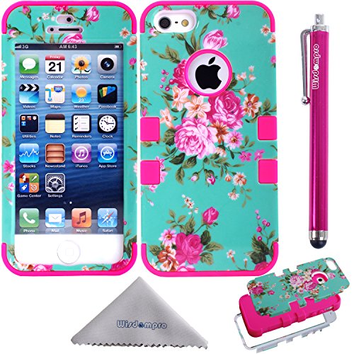 iPhone 5s Case, Wisdompro 3 in 1 Heavy Duty Hybrid Protective 3-Layer Case (Soft Internal Silicon Protection Inlay and Dual Hard External Armor Casing in Flowers Camo Green) for Apple iPhone 5 / 5s (Camo Flowers / Hot Pink)