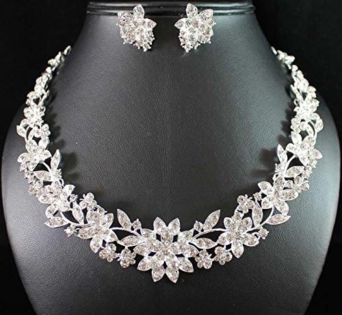 Janefashions Floral Clear Austrian Rhinestone Crystal Necklace Earrings Set Wed Bridal N1770s