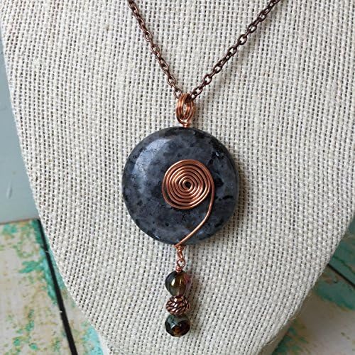 Copper and Stone Wire-Wrapped Circular Pendant Necklace with Czech Glass Dangle