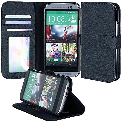 HTC One M8 Case, Abacus24-7 HTC One 2014 Wallet Case [Book Fold] Leather HTC One M8 Flip Cover with Foldable Stand, Pockets for ID, Credit Cards - Black Flip Case for New HTC One