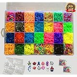 Kiserena 7000 pc Rubber Band Bracelet Refill Kit - 28 Rainbow Loom Bands Colors - Fun DIY Crafts for Kids with 350 S Clips, 12 Charms, 100 Beads and Storage Organizer Case - Compatible with all Looms