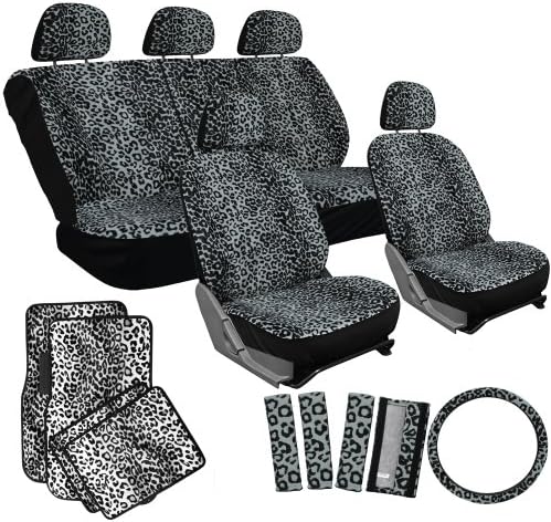 OxGord 21pc Leopard Seat Cover & Floor Mat Set for the Toyota Solara Convertible in Gray Leopard Print w/ Snow White Floor Mats