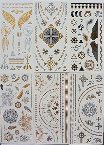 DaLin 6 Sheets Gold Silver and Black Body Temporary Metallic Tattoos Jewelry, Angel Wings, Cross Necklace, Earrins, Snake, Feather, Arrows and more