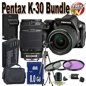 Pentax K-30 Digital Camera with 18-135mm WR and 55-300mm AL Lens Kit (Black) + 8GB SDHC Class 10 Memory Card + Extended Life Battery + External Rapid Travel Quick-Charger + USB Card Reader + Memory Card Wallet + Shock Proof Deluxe Case + 3 Piece Professional Filter Kit + Professional Full Size Tripo