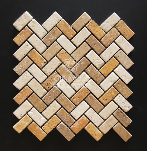 Blended 1 X 2 Travertine Tumbled Herringbone Mosaic Tiles