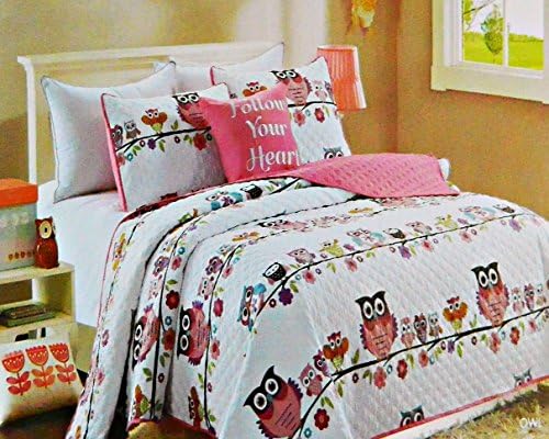 FULL SIZE Pink Treetop Owls Quilt Set With Decorative Pillow