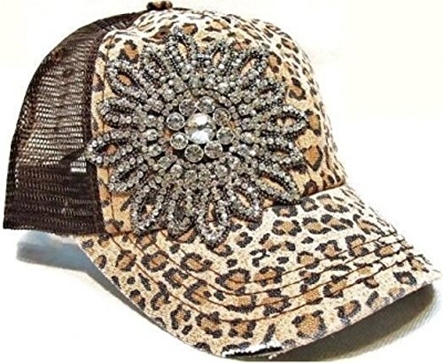 Womens Olive & Pique Large Rhinestone Flower Cheetah Print Trucker Cap