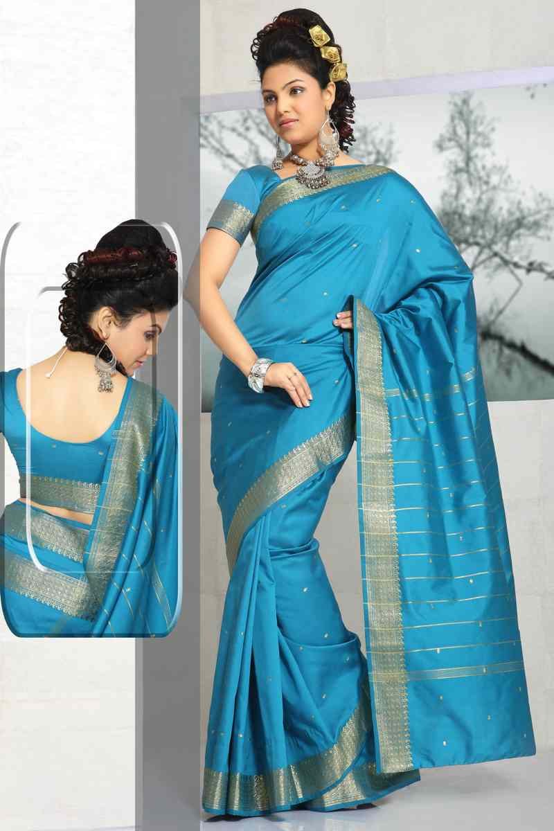 Formal Dresses Turquoise Art Silk Saree Sari fabric India Golden