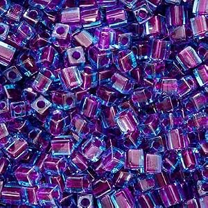 Miyuki-4mm-Glass-Cube-Beads-Purple-Lined-Blue-2651-10-Grams