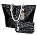 Metallic Fashion Beach Bag Tote with Zipper Top, Rope Handles, and Matching Pouch (Black with Metallic Silver)