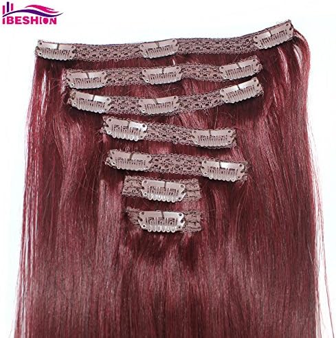 Ibeshion 100g Clip In With Lace 7pcs 15 Clips 20 Inch #99J Dark Wine Color Remy Human Hair Extensions