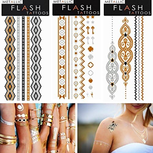 Metallic Jewelry Gold, Silver & Black Design Flash Tattoos, Temporary Bling- 3 Sheets 3" x 6.5"- Great Christmas Gift!