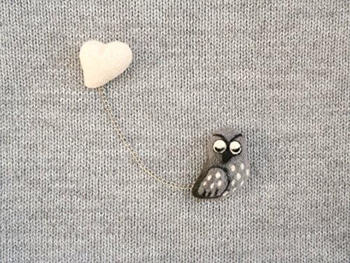 Owl and Heart Double Brooch, Chain brooch, Needle felt owl, Felted heart, Gray owl brooch, White heart brooch