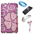 Elegant Blooming Diamond Rhinestones Protective Case for Apple iPod Touch 4G + Clear Screen Protector + Pink Earphones + USB Car Charger + Wristband