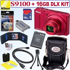 Nikon Coolpix S9100 12.1 MP CMOS Digital Camera (Red) + 16GB Deluxe Accessory Kit