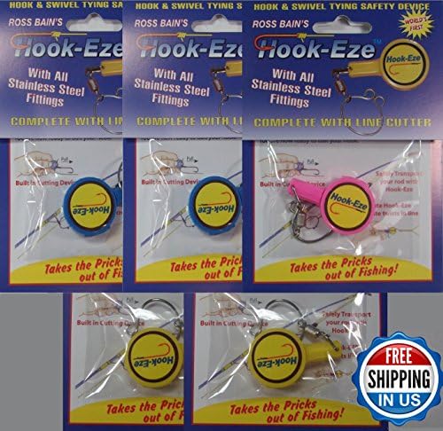 Hook-Eze (5 Packs 2 Blue, 2 Yellow, 1 Pink) Fishing Hook Cover and Safety Tieing Device